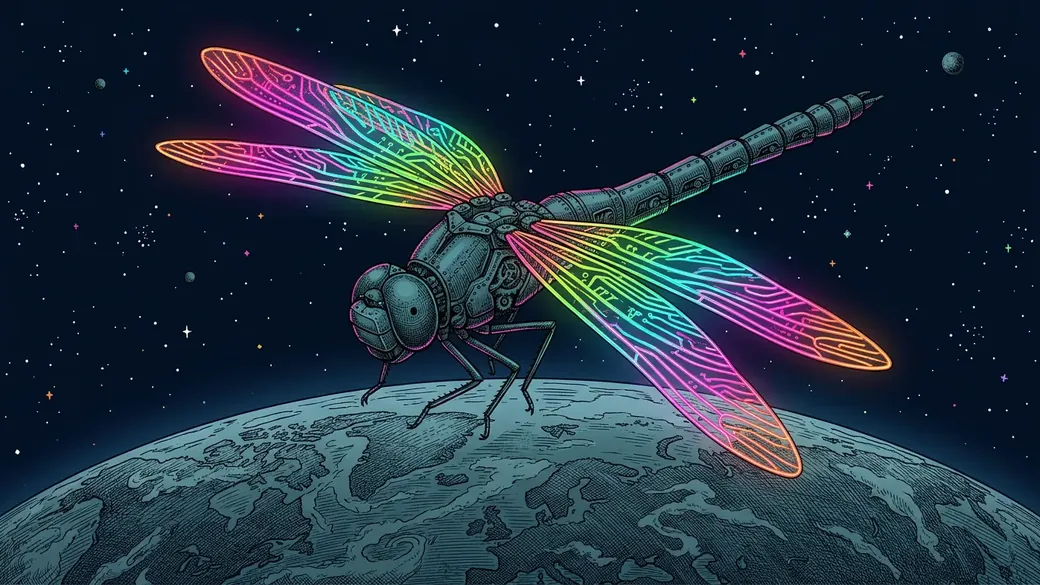 Mechanical Dragonfly Over The Moon