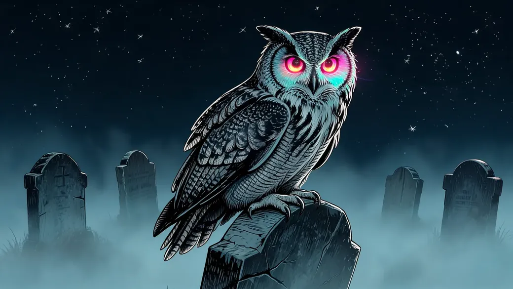 Owl With Glowing Eyes On Gravestone
