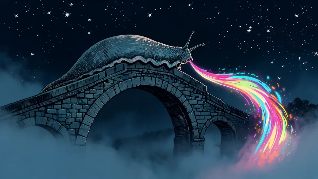 Glowing Slug Crawling Stone Bridge