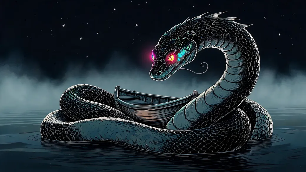 Sea Serpent Coiling Around Rowboat