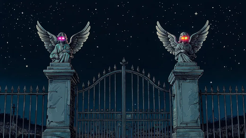 Graveyard Gate Angels With Glowing Eyes