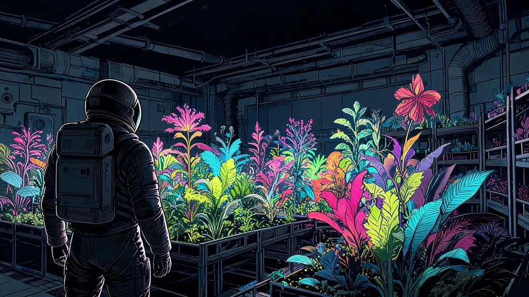 Astronaut In Overgrown Hydroponics Bay