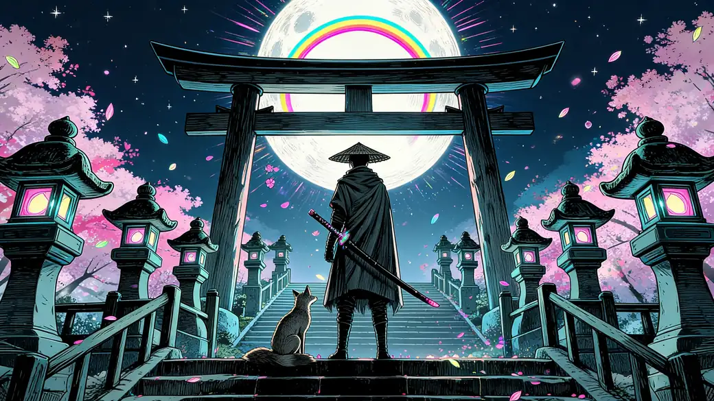 Samurai Under Torii Gate With Full Moon