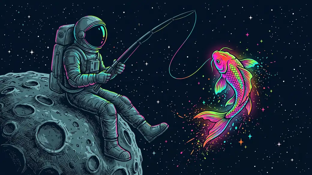 Astronaut Fishing For A Rainbow Koi On The Moon