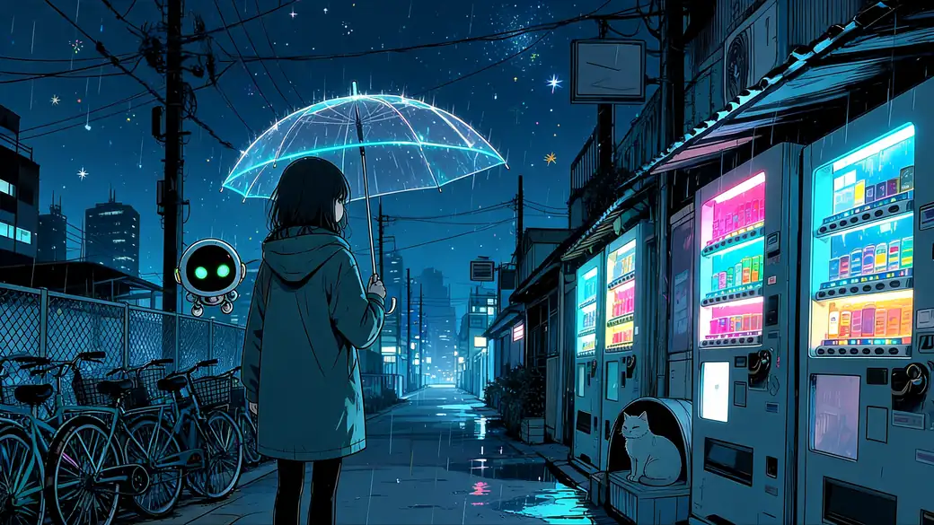 Girl With Umbrella by Glowing Vending Machines