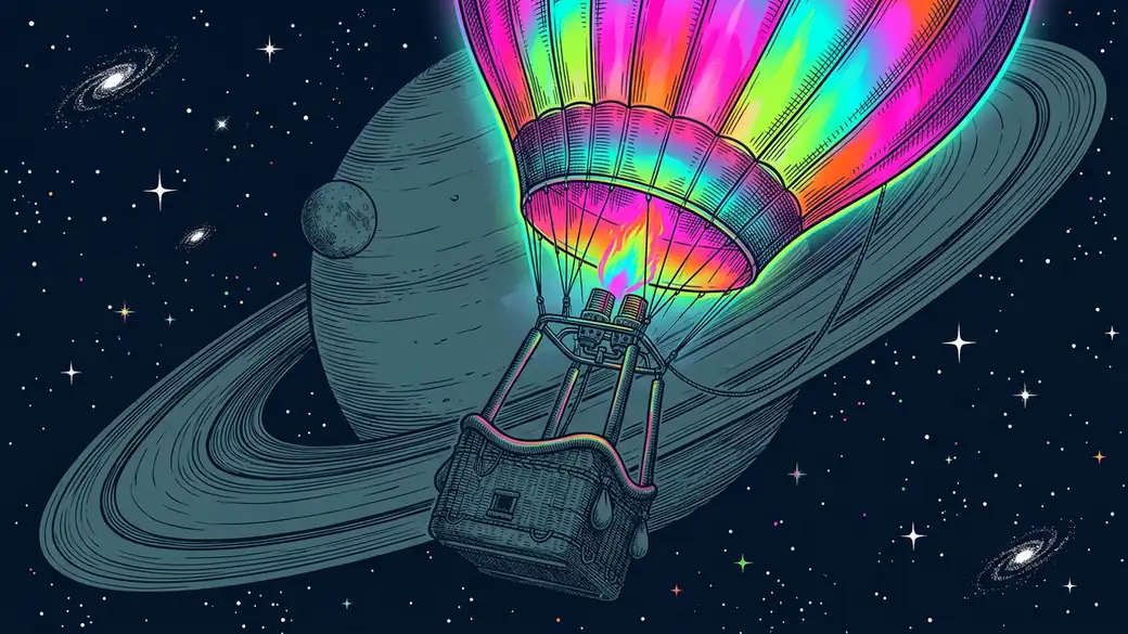 Rainbow Hot Air Balloon Floating Past Ringed Planet