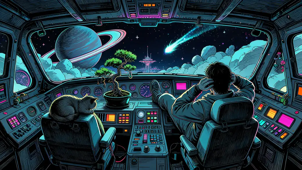 Space Pilot Relaxing in Cockpit With Cat and Bonsai