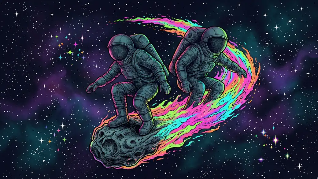 Two Astronauts Surfing A Rainbow Comet