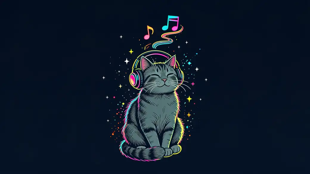 Tabby Cat Wearing Headphones and Listening to Music