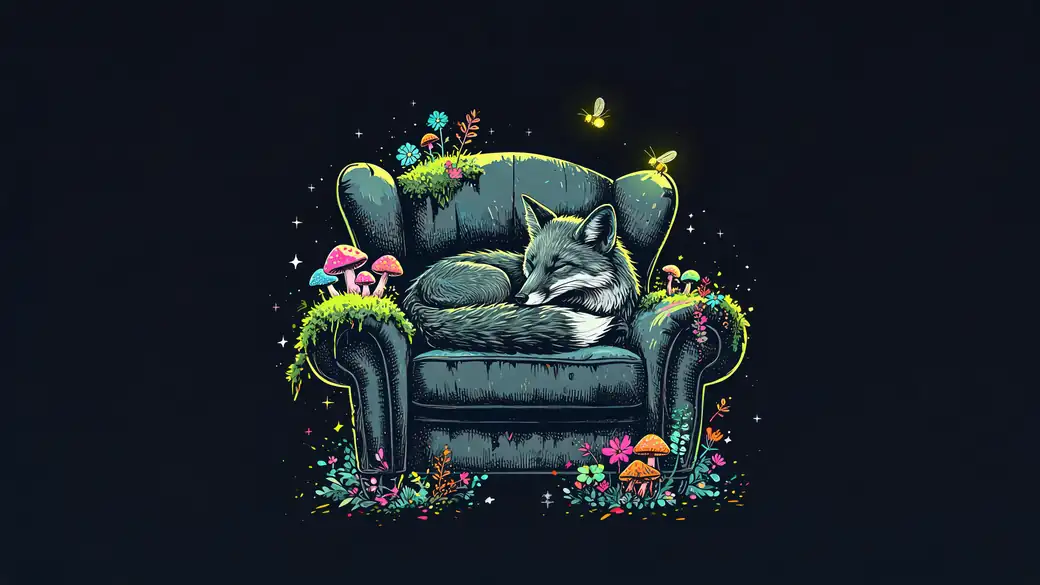 Fox Sleeping on a Mossy Armchair