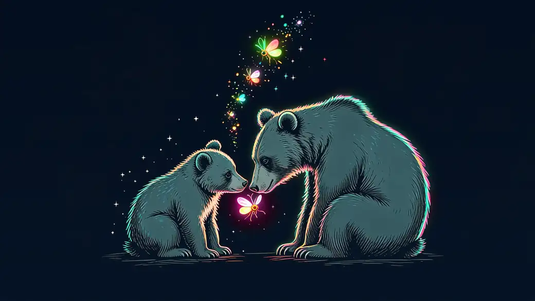 Mama Bear and Cub Sharing a Firefly