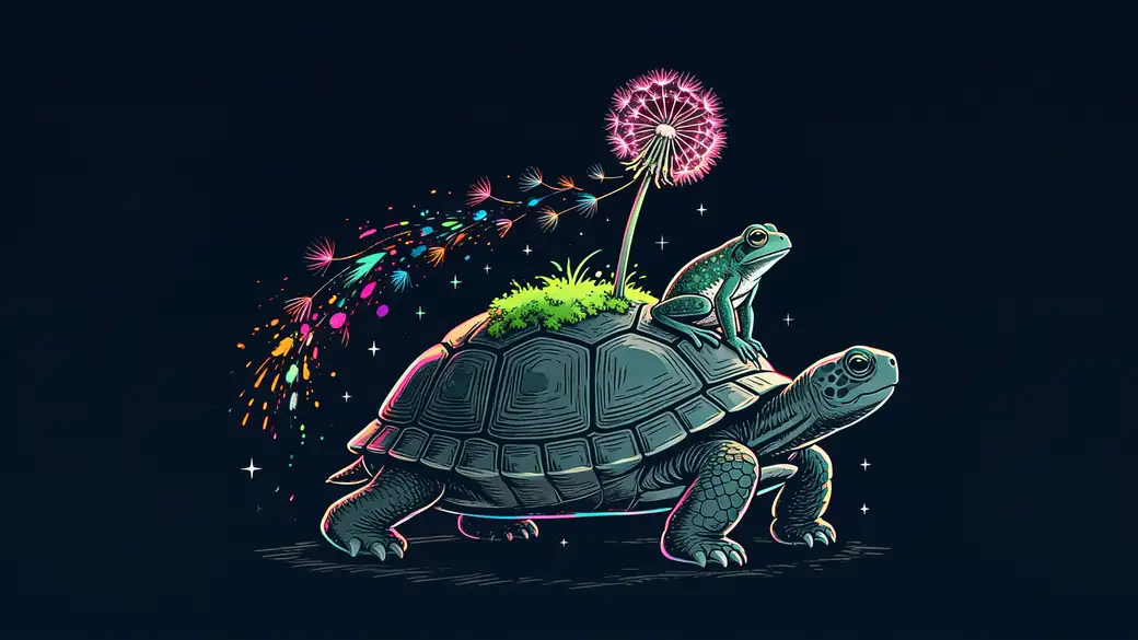 Frog Riding a Tortoise With a Dandelion
