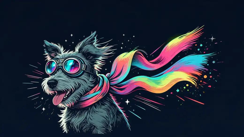 Happy Dog in Goggles With a Rainbow Scarf