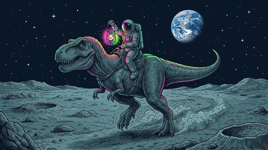 Astronaut Riding A Dinosaur On The Moon