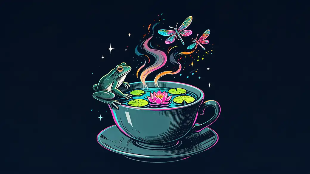 Frog on a Teacup Pond With Lily Pads