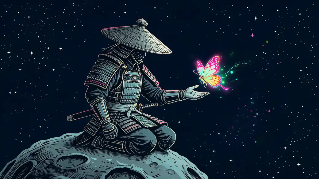 Samurai Kneeling On Moon With Glowing Butterfly