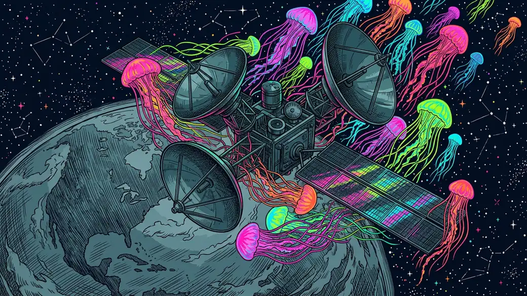 Jellyfish Swarm Drifting Around A Satellite