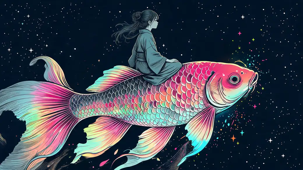 Girl Riding Giant Rainbow Koi Through Space