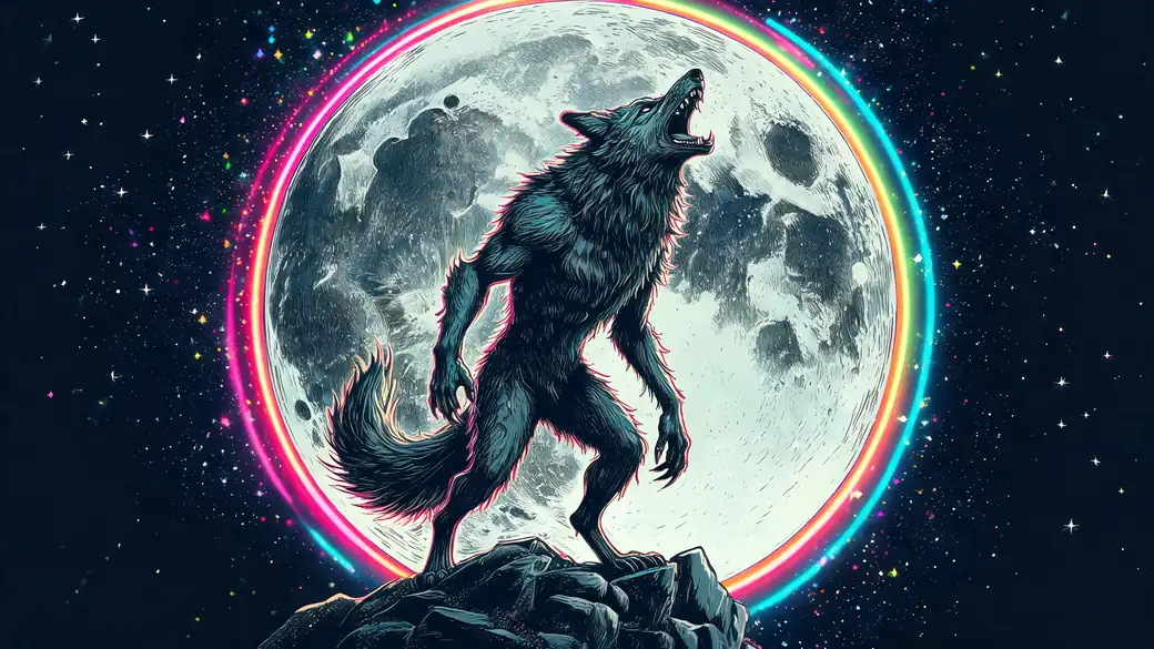 Werewolf Howling at Full Moon With Rainbow Ring