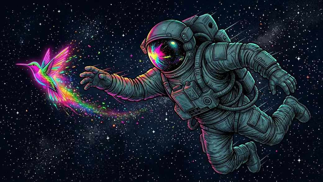 Astronaut Reaching For A Rainbow Hummingbird
