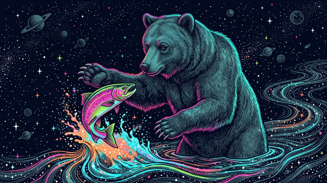 Bear Catching A Salmon In A River Of Stars