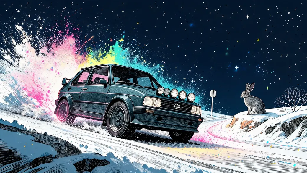 Rally Hatchback Sliding Up A Snowy Pass