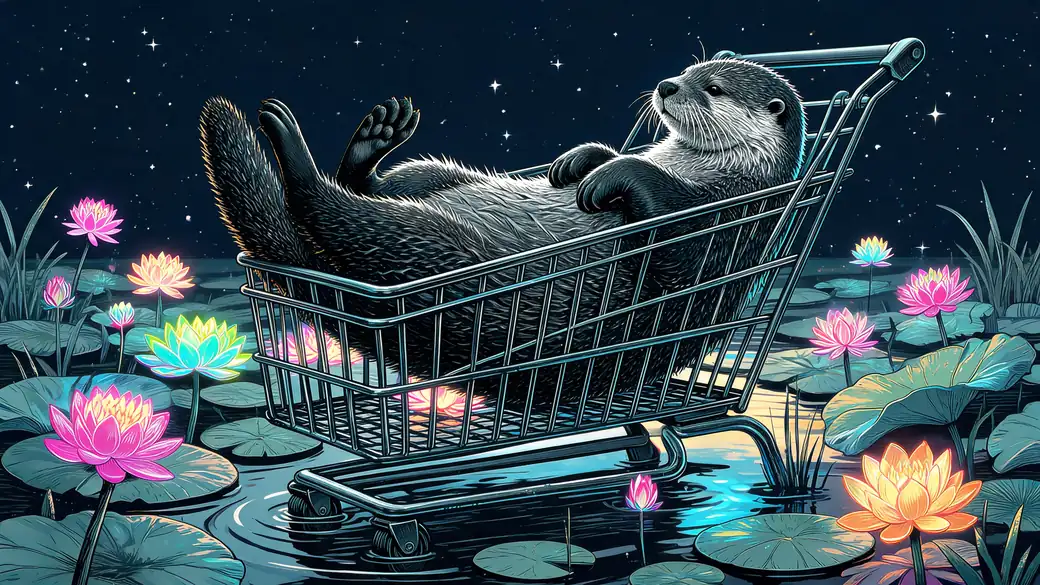 Otter Lounging in a Shopping Cart on a Lotus Pond