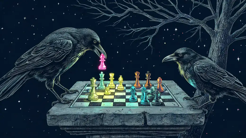 Two Crows Playing Chess on a Stone Table
