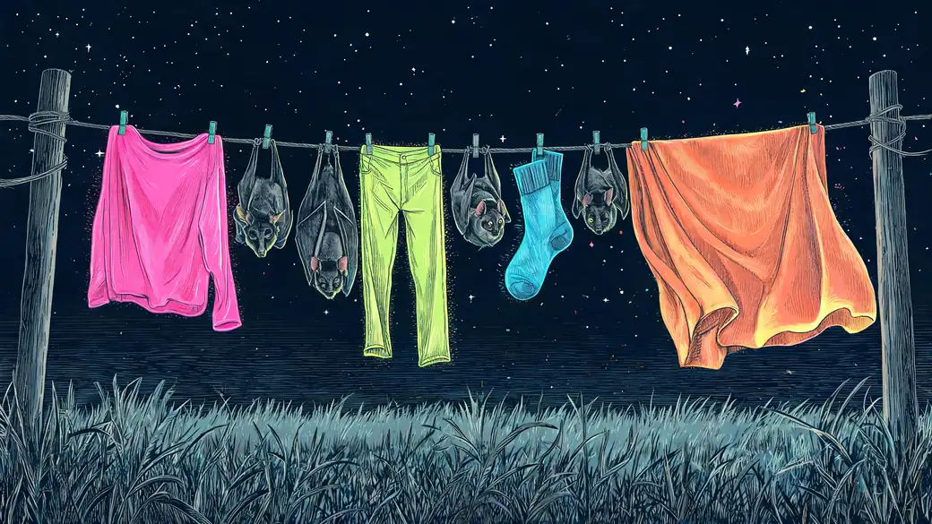 Bats Hanging Upside Down on a Clothesline