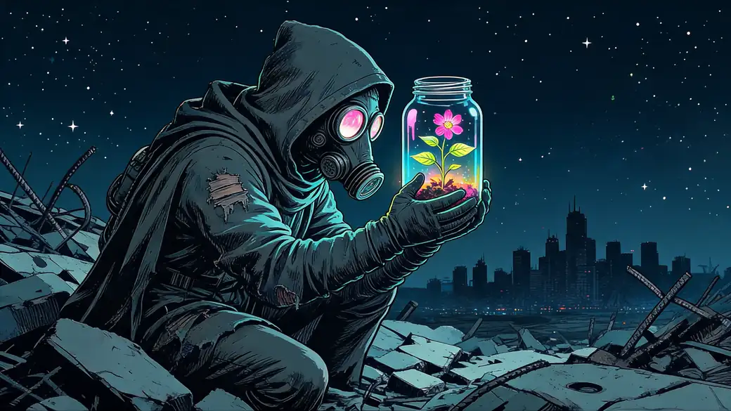 Gas Mask Wanderer Holding Flower In A Jar