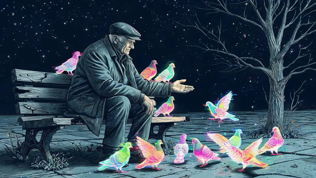 Old Man Feeding Glowing Pigeons On A Park Bench