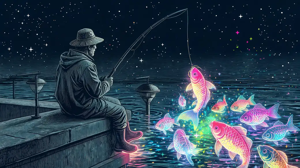 Fisherman Catching Glowing Koi In A Flooded City