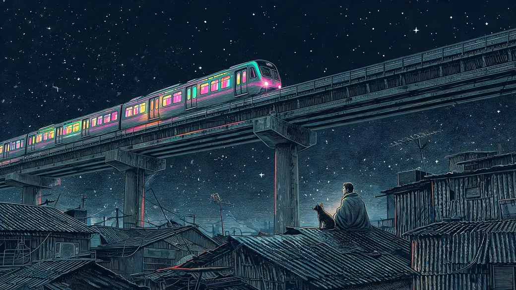 Monorail Gliding Over Tin Roof Town