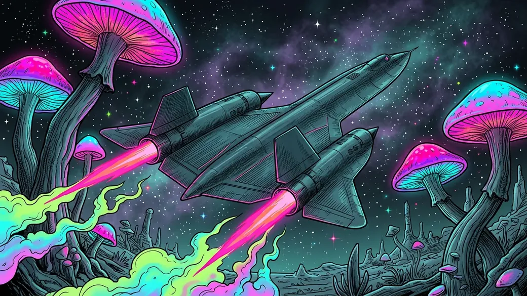 Spy Jet Over Giant Mushrooms