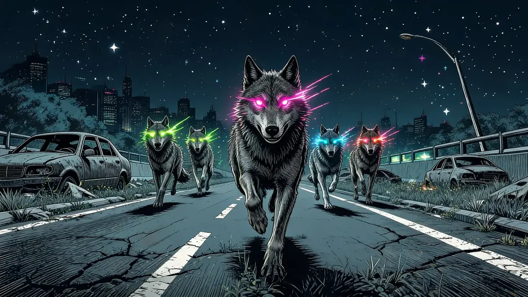 Wolf Pack Running An Abandoned Highway