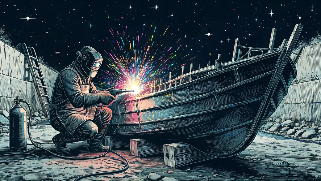 Welder Building A Scrap Boat