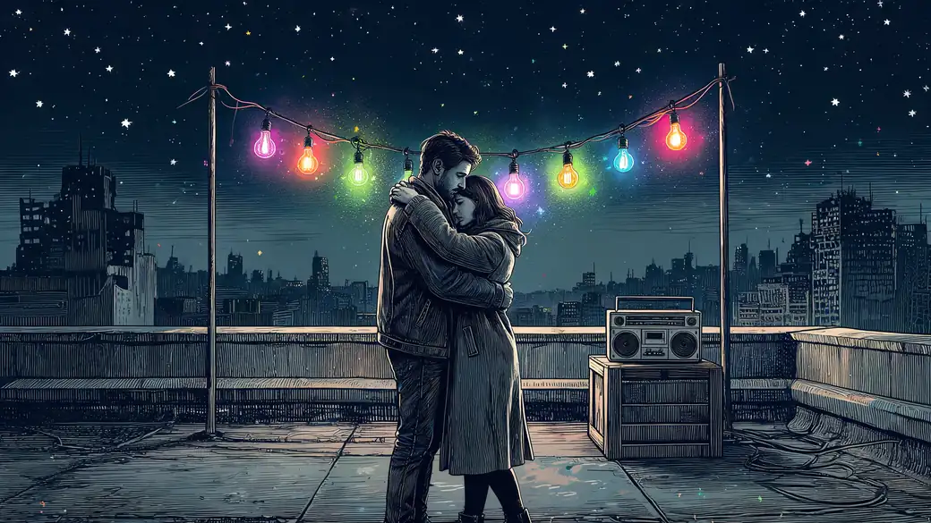 Couple Slow Dancing Under String Lights On A Rooftop