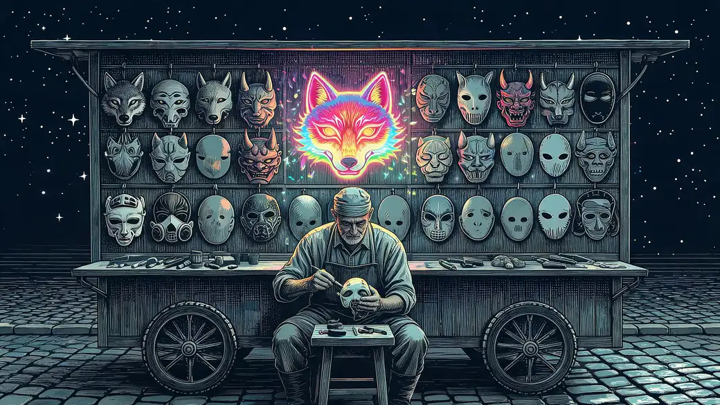 Mask Maker At A Street Stall With Glowing Fox Mask