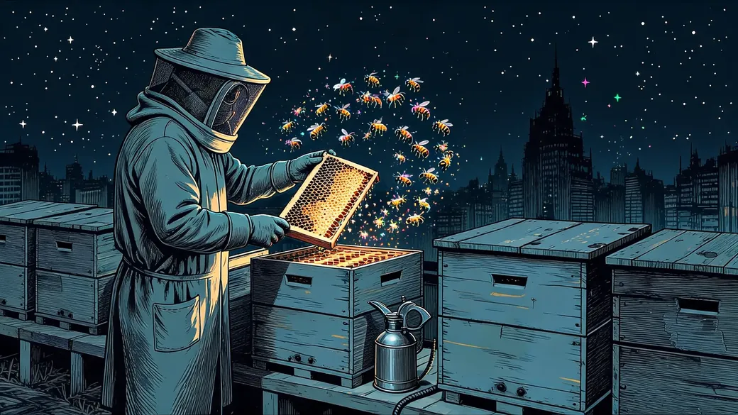 Beekeeper Lifting Honeycomb On A Rooftop