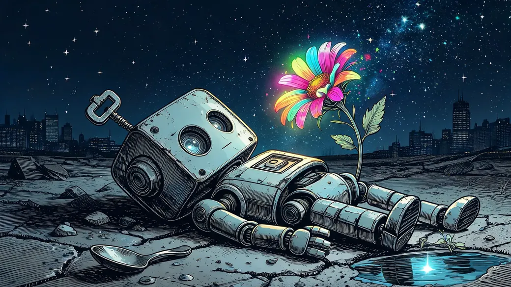 Toy Robot Beside A Pavement Flower