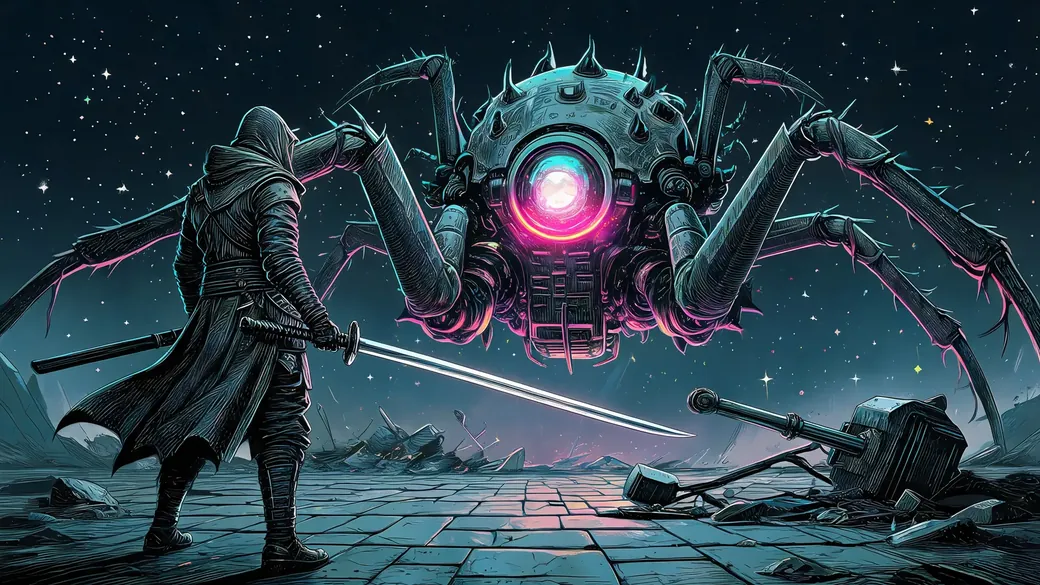 Street Samurai Facing A Spider Machine