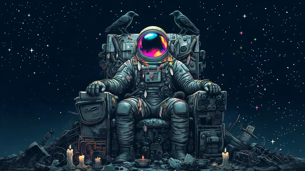 Old Space Suit On A Scrap Throne