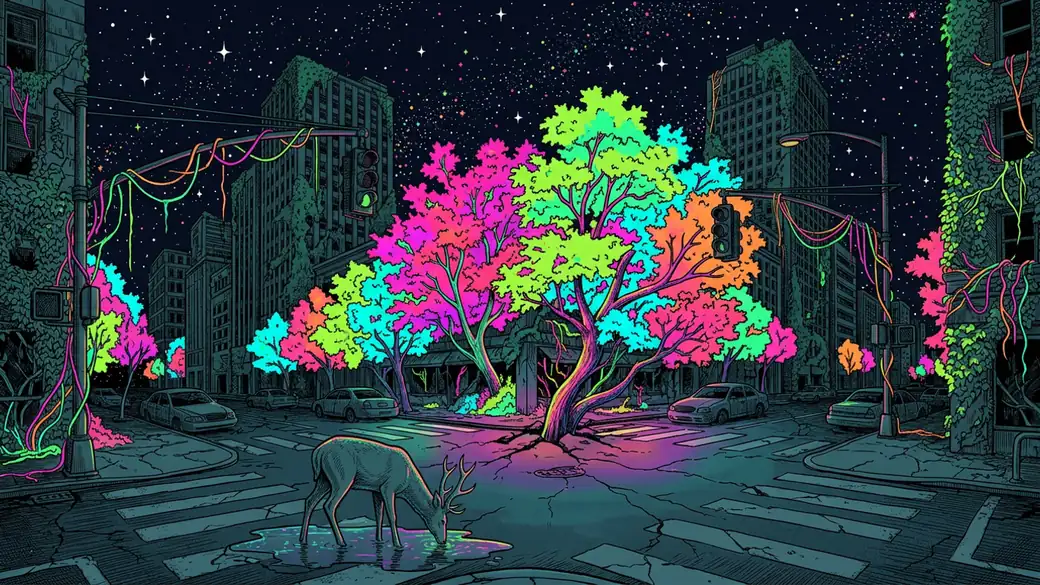 Glowing Tree Growing Through A City Street
