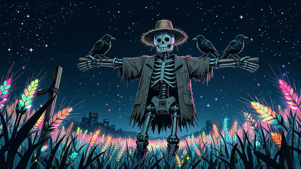 Scrap Robot Scarecrow In A Flower Field