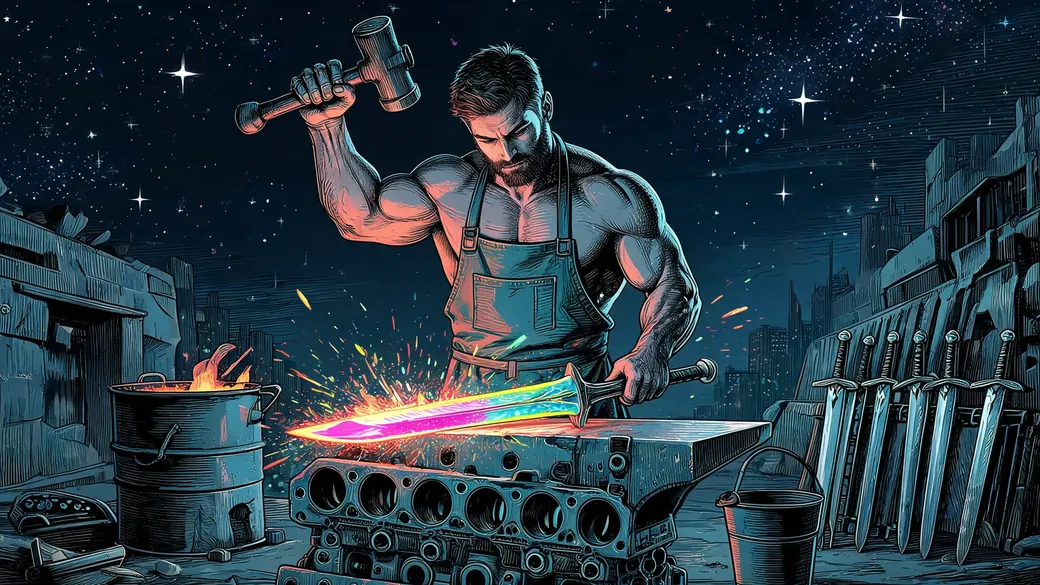 Blacksmith Hammering A Sword At The Forge