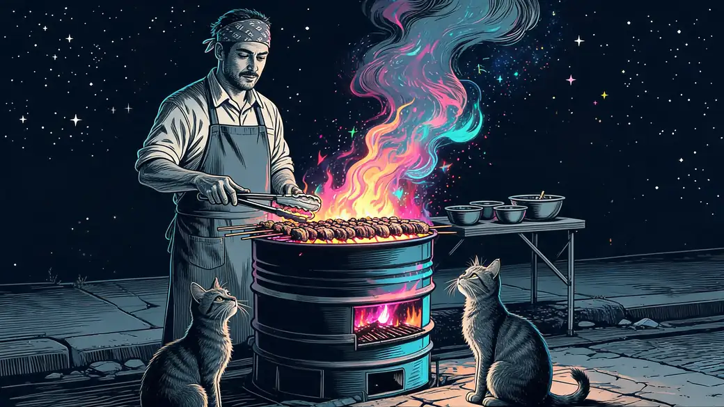 Street Cook Grilling Skewers With Two Hungry Cats