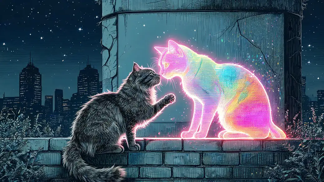 Scruffy Cat Touching Paws With A Hologram Cat