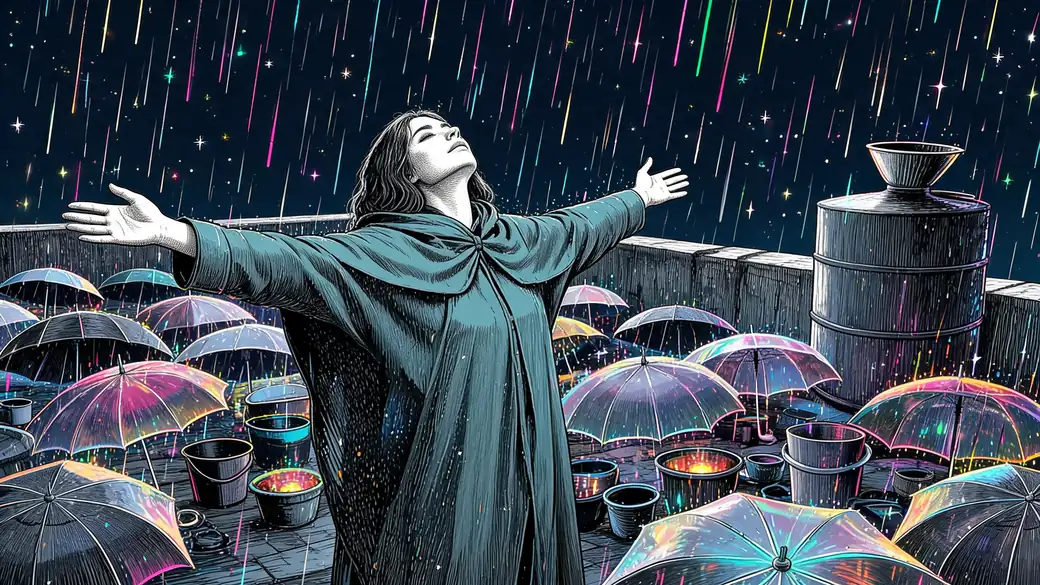 Woman Welcoming Rainbow Rain On A Rooftop