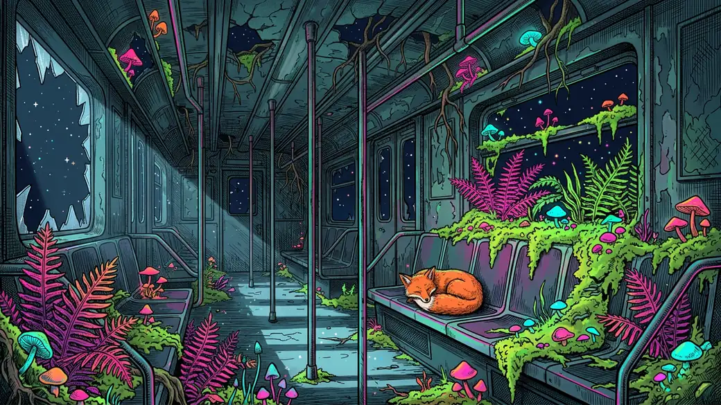 Fox Asleep In An Overgrown Subway Car