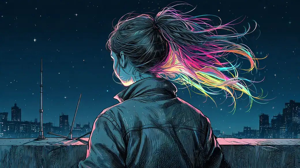 Woman With Glowing Rainbow Ponytail On A Rooftop